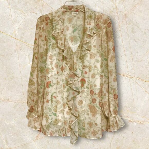 Jaclyn Smith Long Sleeve Ruffle Front Printed Top w Camisole 1X - Picture 1 of 10